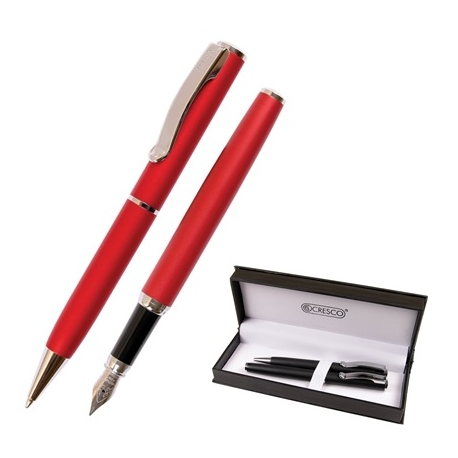 Rašiklių rinkinys: plunksnakotis + tušinukas ASTON, Cresco, raudonos sp. korpusas, su sidabro sp. detalėmis, dovanų dėžutėje