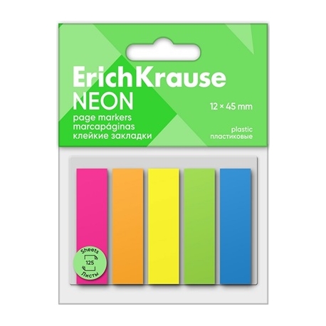 Plastikiniai indeksai-žymekliai NEON, ErichKrause, 12x45mm, 5 neoninės sp. x 25 lapelių